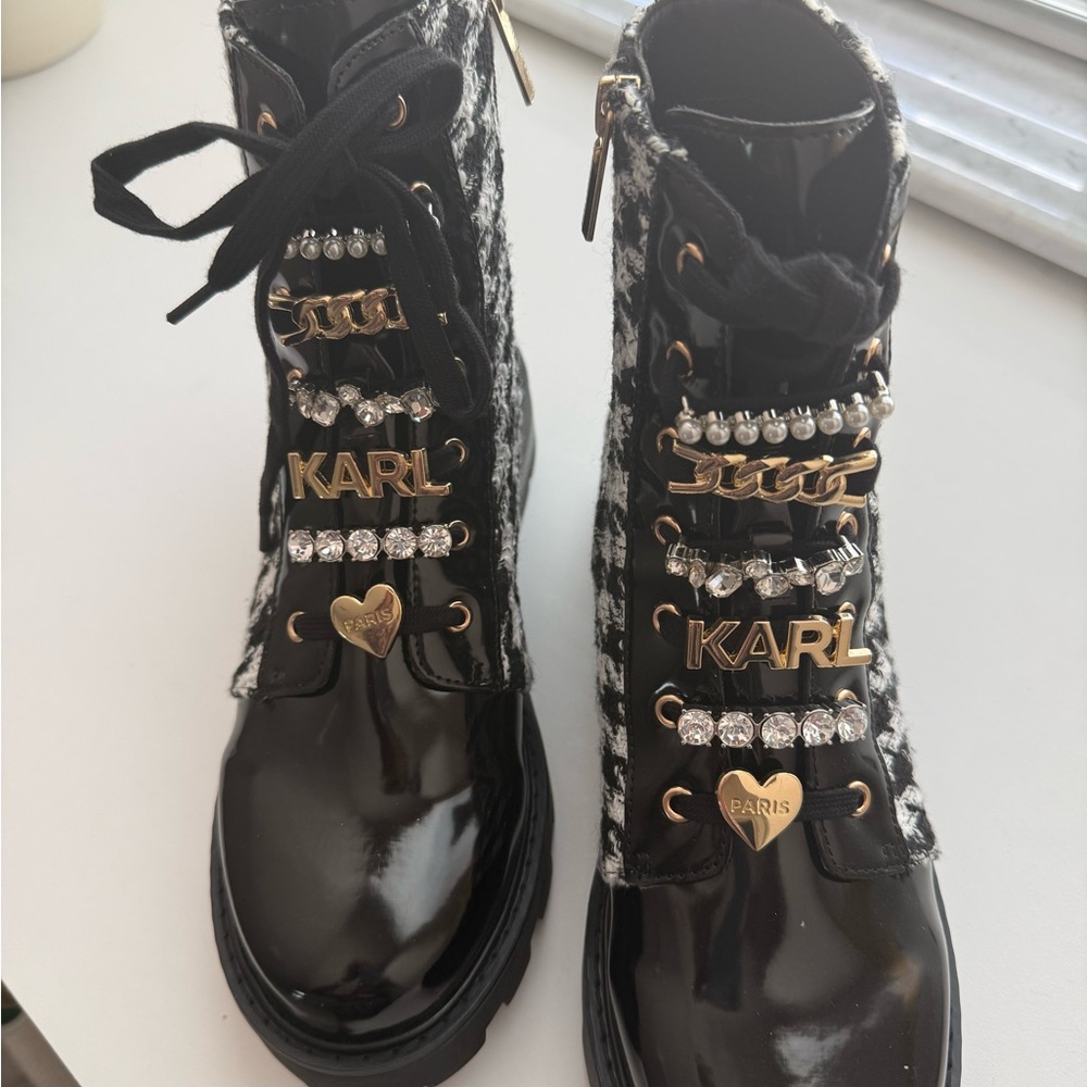 Karl Lagerfeld Black Patent & Tweed Embellished Ankle Boots